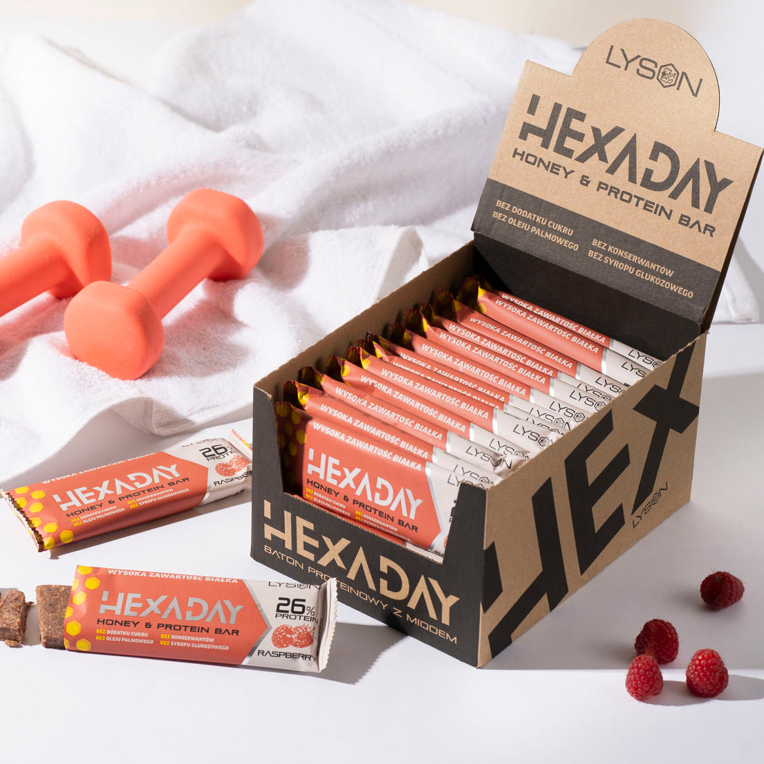 HEXADAY proteinbar - bringebær 45g pakke med 30 stk.