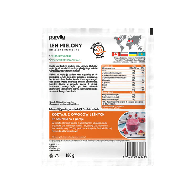 Avfettet malt linfrø 180 g Purella