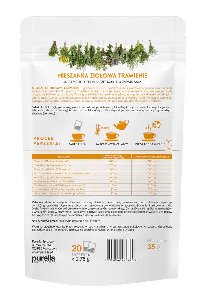 Urteblanding for fordøyelsen 35 g (20 poser x 1,75 g) Purella SUPERHERBS